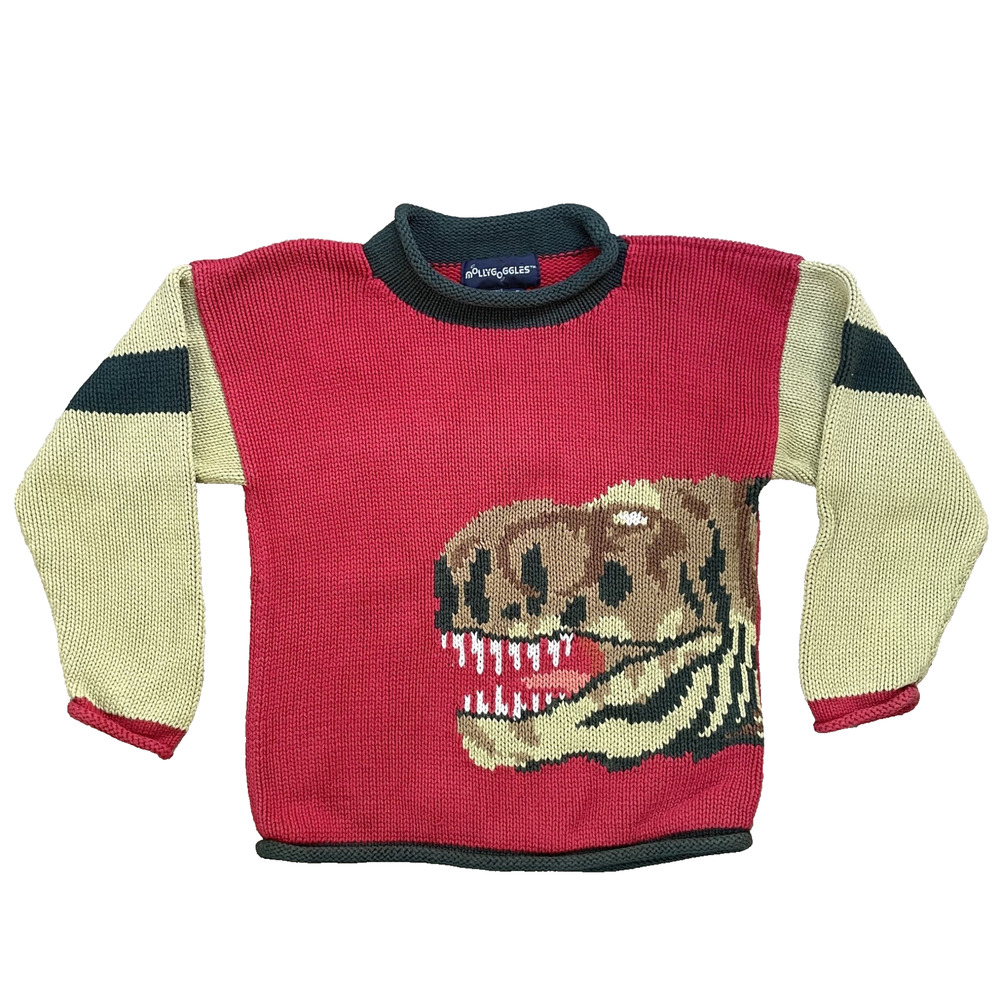 Y2K Molly Goggles Kids Dinosaur Sweater T Rex‎ Graphic Hand Knit Cotton Peru 6